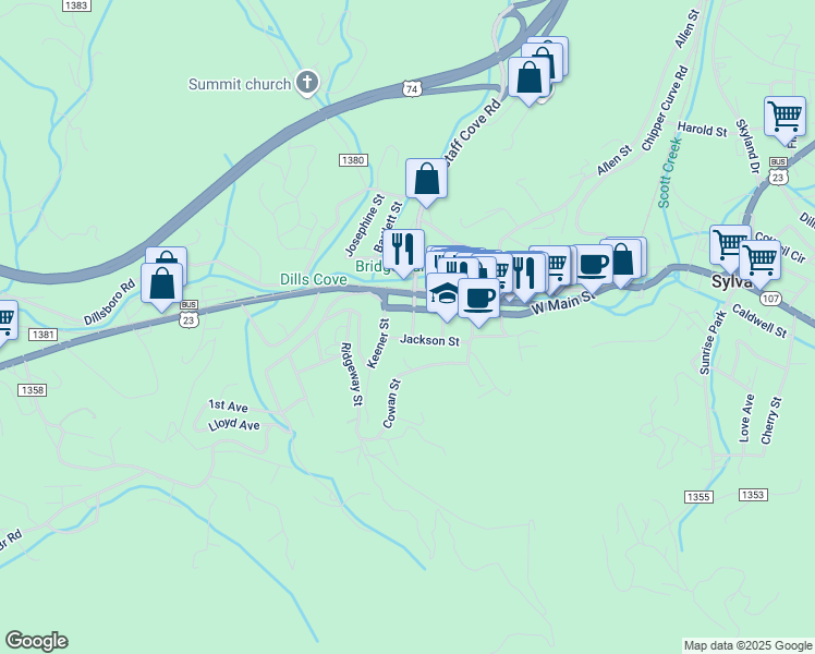 map of restaurants, bars, coffee shops, grocery stores, and more near 52 Schulman Street in Sylva