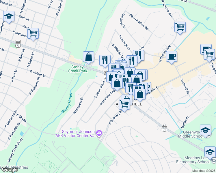 map of restaurants, bars, coffee shops, grocery stores, and more near 105 Denton Place in Goldsboro