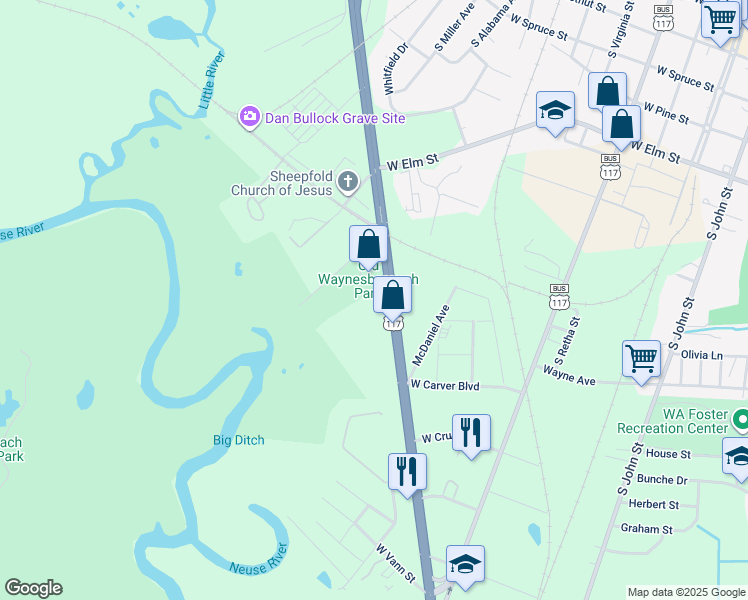 map of restaurants, bars, coffee shops, grocery stores, and more near 815 U.S. 117 in Goldsboro