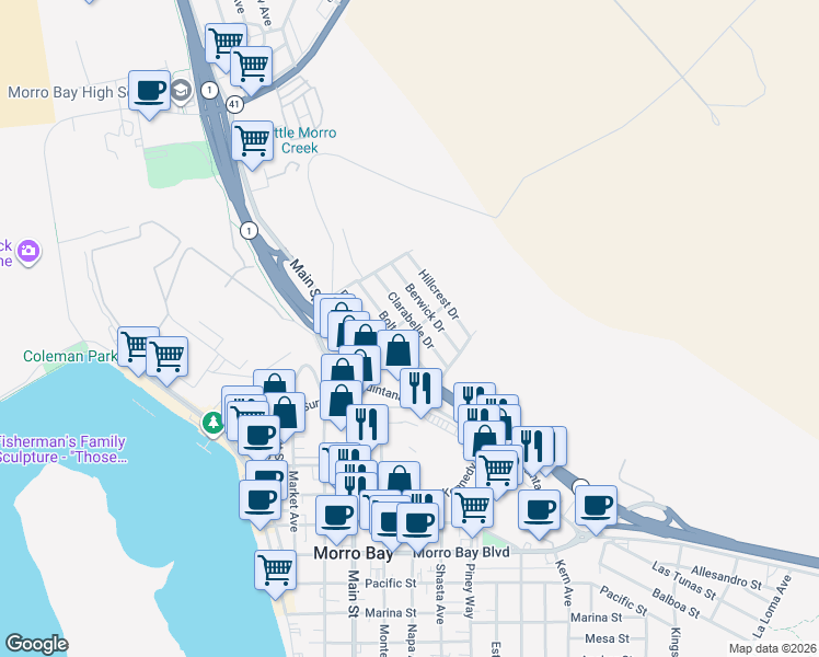map of restaurants, bars, coffee shops, grocery stores, and more near 1295 Clarabelle Drive in Morro Bay