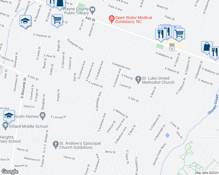 map of restaurants, bars, coffee shops, grocery stores, and more near 1407 East Lemon Street in Goldsboro