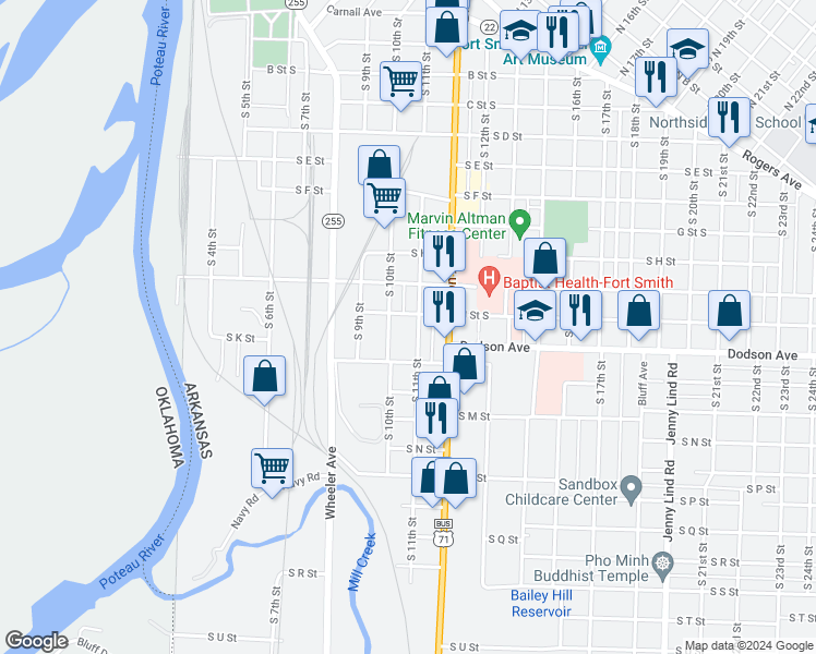 map of restaurants, bars, coffee shops, grocery stores, and more near 1100 South 11th Street in Fort Smith