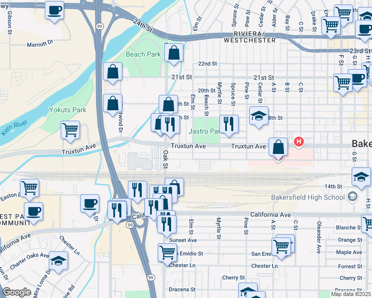 map of restaurants, bars, coffee shops, grocery stores, and more near 3013 Truxtun Avenue in Bakersfield