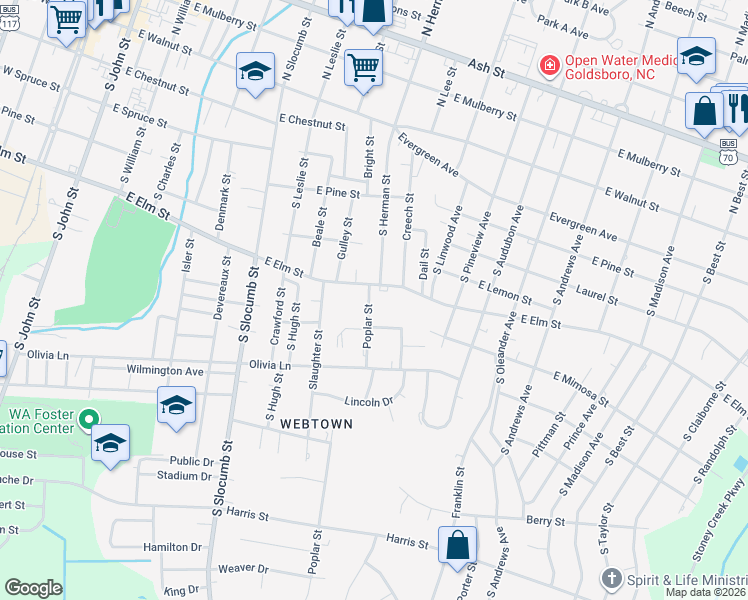 map of restaurants, bars, coffee shops, grocery stores, and more near 606 Poplar Street in Goldsboro