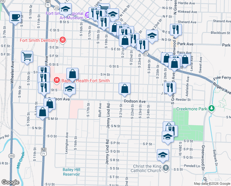 map of restaurants, bars, coffee shops, grocery stores, and more near 1101 South 20th Street in Fort Smith