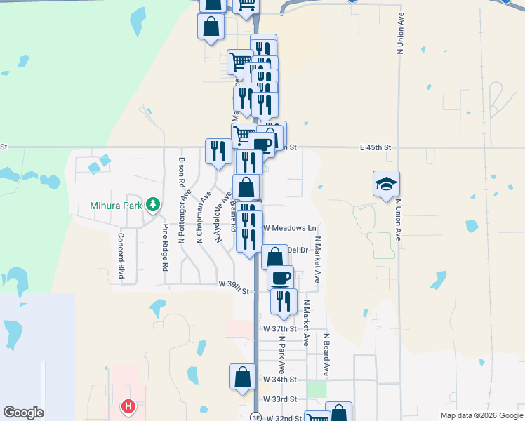 map of restaurants, bars, coffee shops, grocery stores, and more near 4007 North Kickapoo Avenue in Shawnee