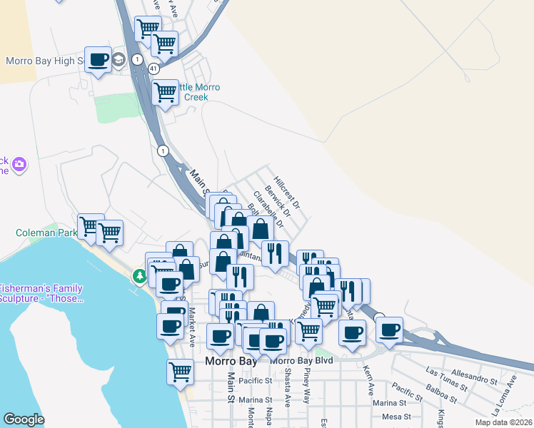 map of restaurants, bars, coffee shops, grocery stores, and more near 1295 Clarabelle Drive in Morro Bay