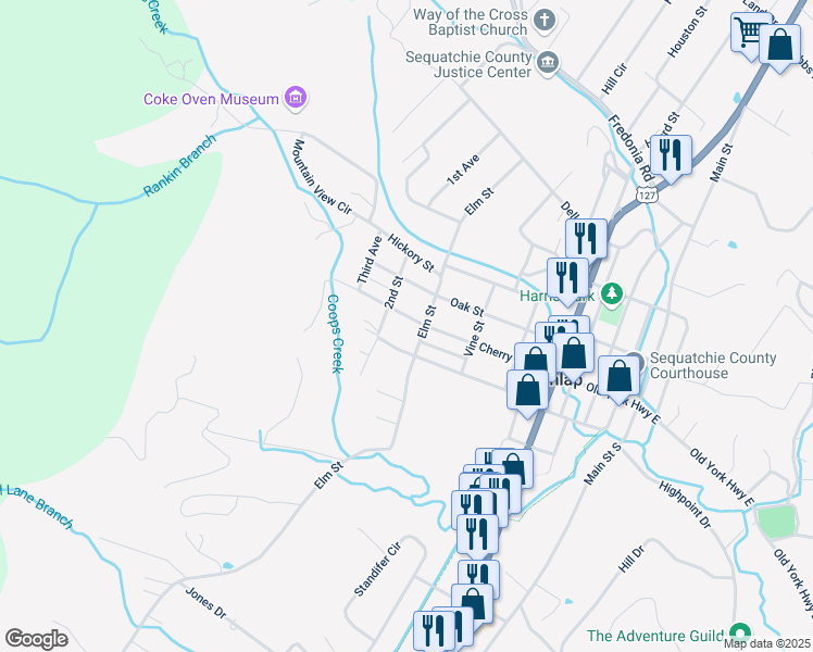map of restaurants, bars, coffee shops, grocery stores, and more near 545 Cherry St in Dunlap