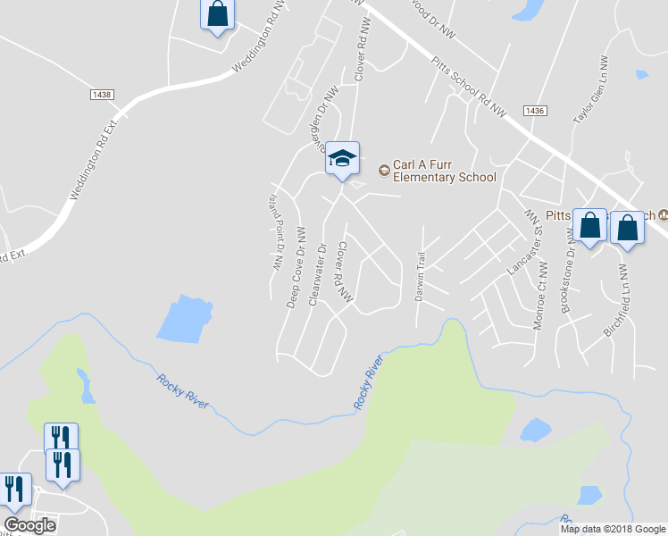 map of restaurants, bars, coffee shops, grocery stores, and more near 4039 Clover Road Northwest in Concord