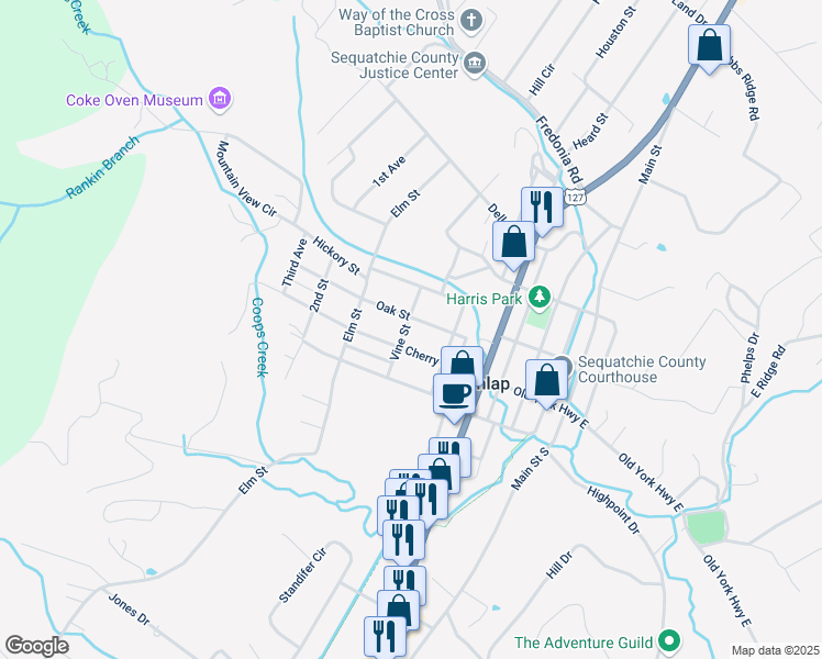 map of restaurants, bars, coffee shops, grocery stores, and more near 118 Vine Street in Dunlap