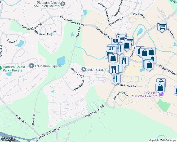 map of restaurants, bars, coffee shops, grocery stores, and more near 3553 Calpella Court in Charlotte