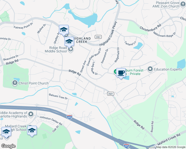 map of restaurants, bars, coffee shops, grocery stores, and more near 7616 Lady Bank Drive in Charlotte