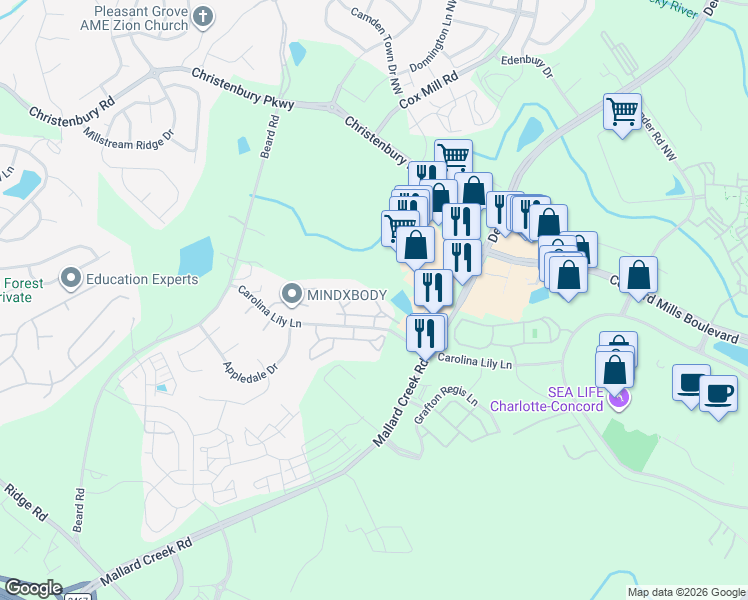 map of restaurants, bars, coffee shops, grocery stores, and more near Mill Cove Circle in Charlotte