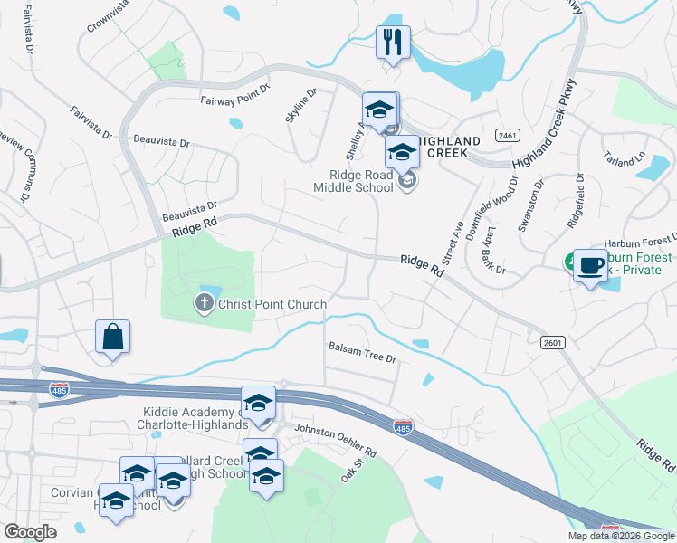 map of restaurants, bars, coffee shops, grocery stores, and more near 4009 Meadowview Hills Drive in Charlotte