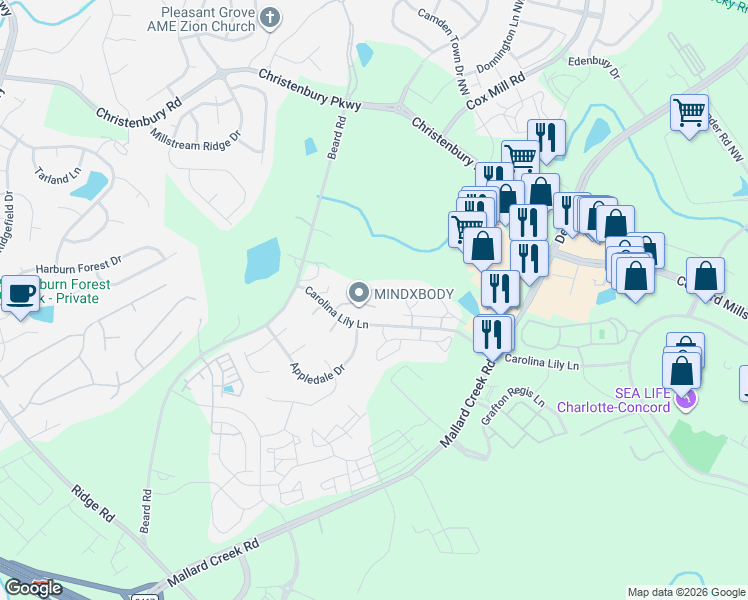 map of restaurants, bars, coffee shops, grocery stores, and more near in Charlotte