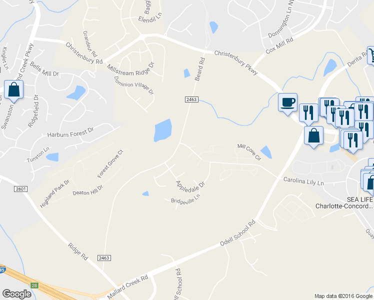 map of restaurants, bars, coffee shops, grocery stores, and more near 8428 Carolina Lily Lane in Charlotte