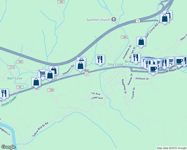 map of restaurants, bars, coffee shops, grocery stores, and more near 332 2nd Ave in Sylva