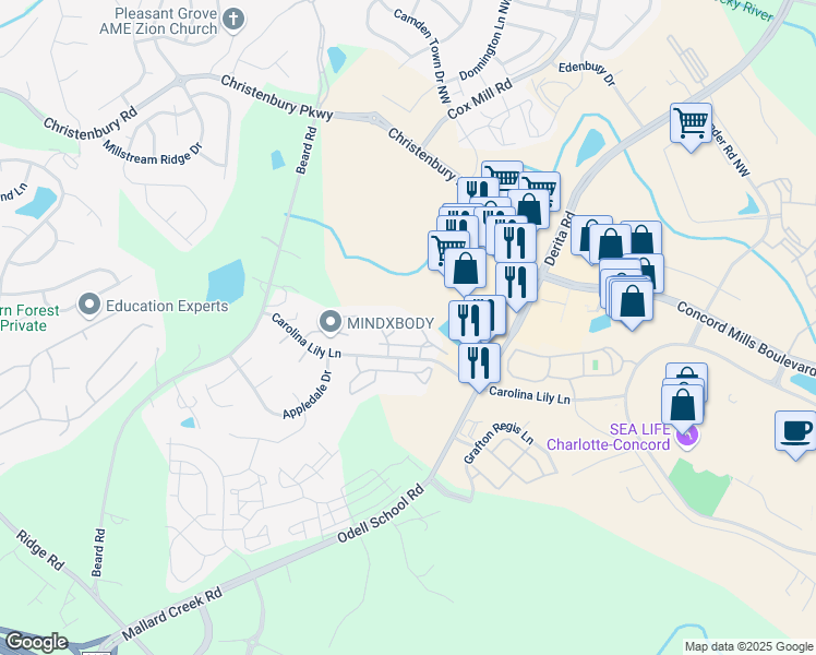 map of restaurants, bars, coffee shops, grocery stores, and more near 3606 Mill Cove Circle in Charlotte