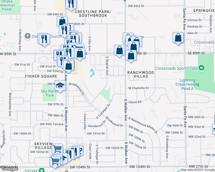 map of restaurants, bars, coffee shops, grocery stores, and more near 9512 South Shartel Avenue in Oklahoma City