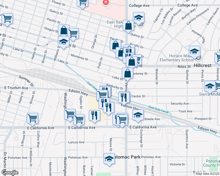 map of restaurants, bars, coffee shops, grocery stores, and more near 2117 Kentucky Street in Bakersfield