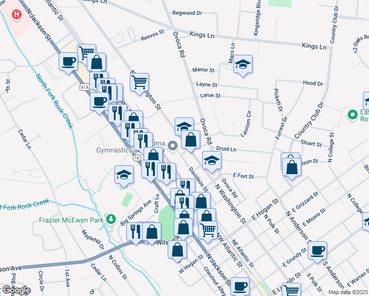 map of restaurants, bars, coffee shops, grocery stores, and more near 1001 North Washington Street in Tullahoma