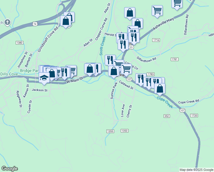 map of restaurants, bars, coffee shops, grocery stores, and more near 53 Ensley Street in Sylva