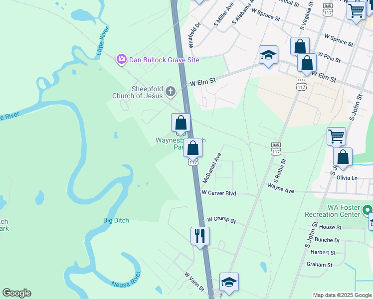 map of restaurants, bars, coffee shops, grocery stores, and more near 815 U.S. 117 in Goldsboro