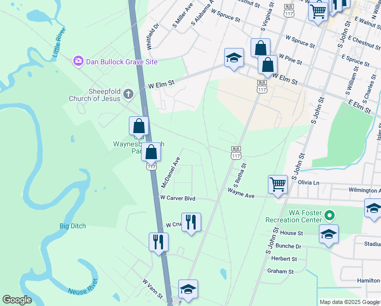 map of restaurants, bars, coffee shops, grocery stores, and more near 306 West Robson Circle in Goldsboro