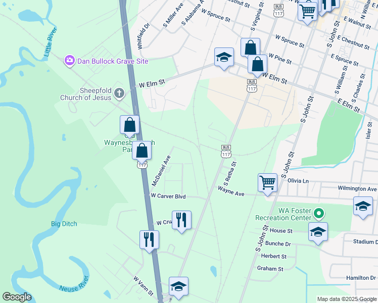 map of restaurants, bars, coffee shops, grocery stores, and more near West Robson Circle in Goldsboro