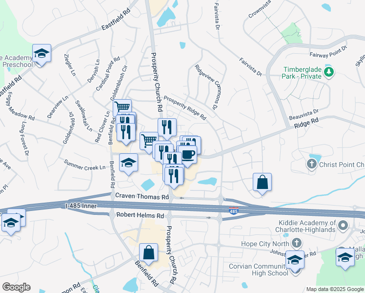 map of restaurants, bars, coffee shops, grocery stores, and more near 5150 Old Ridge Road in Charlotte
