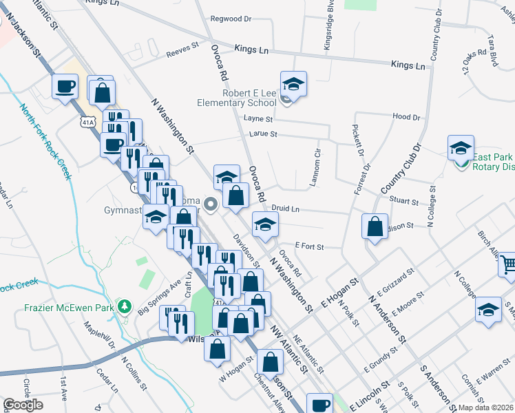map of restaurants, bars, coffee shops, grocery stores, and more near 204 Robertson Street in Tullahoma