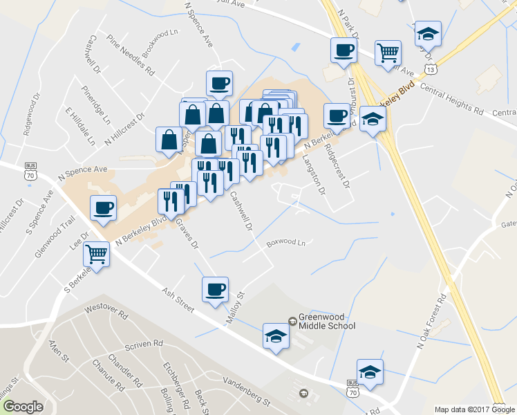 map of restaurants, bars, coffee shops, grocery stores, and more near 3101 Cashwell Drive in Goldsboro