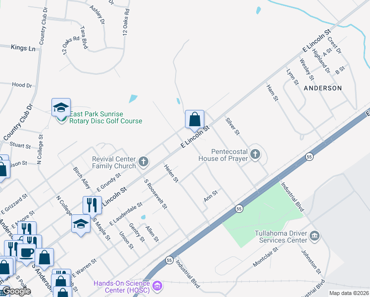 map of restaurants, bars, coffee shops, grocery stores, and more near 1408 East Lincoln Street in Tullahoma