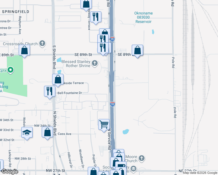 map of restaurants, bars, coffee shops, grocery stores, and more near 9301 Interstate 35 Frontage Road in Oklahoma City