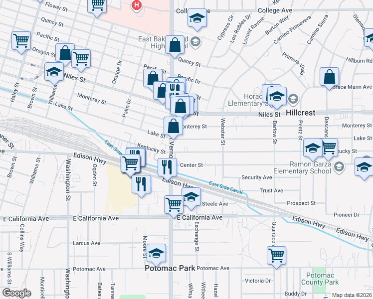 map of restaurants, bars, coffee shops, grocery stores, and more near 2315 Kentucky Street in Bakersfield