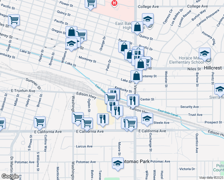 map of restaurants, bars, coffee shops, grocery stores, and more near 2019 Kentucky Street in Bakersfield