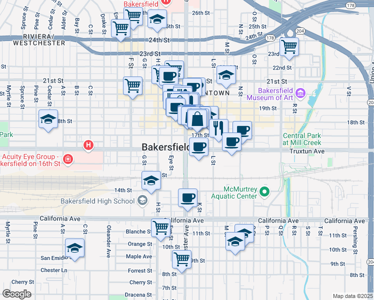 map of restaurants, bars, coffee shops, grocery stores, and more near in Bakersfield