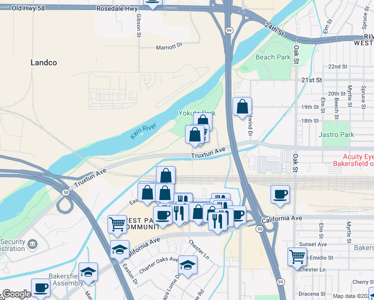 map of restaurants, bars, coffee shops, grocery stores, and more near 4180 Truxtun Avenue in Bakersfield