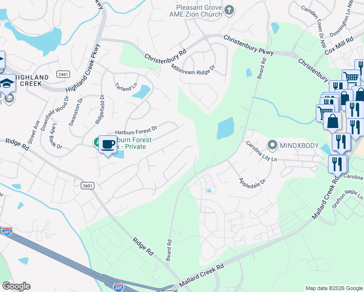 map of restaurants, bars, coffee shops, grocery stores, and more near 2816 Forest Grove Court in Charlotte
