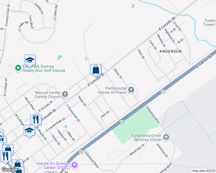 map of restaurants, bars, coffee shops, grocery stores, and more near 106 Freeman Street in Tullahoma