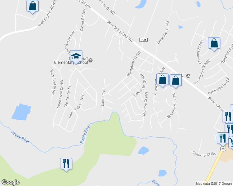 map of restaurants, bars, coffee shops, grocery stores, and more near 2884 Walsh Dr NW in Concord
