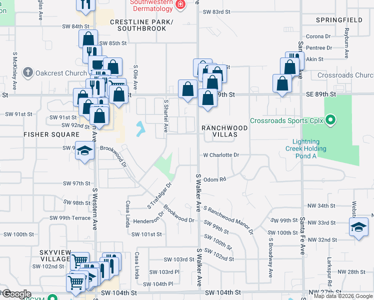 map of restaurants, bars, coffee shops, grocery stores, and more near 9516 South Trafalgar Drive in Oklahoma City