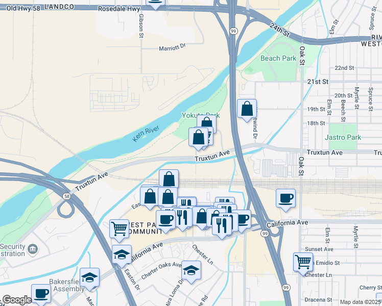 map of restaurants, bars, coffee shops, grocery stores, and more near 4180 Truxtun Avenue in Bakersfield