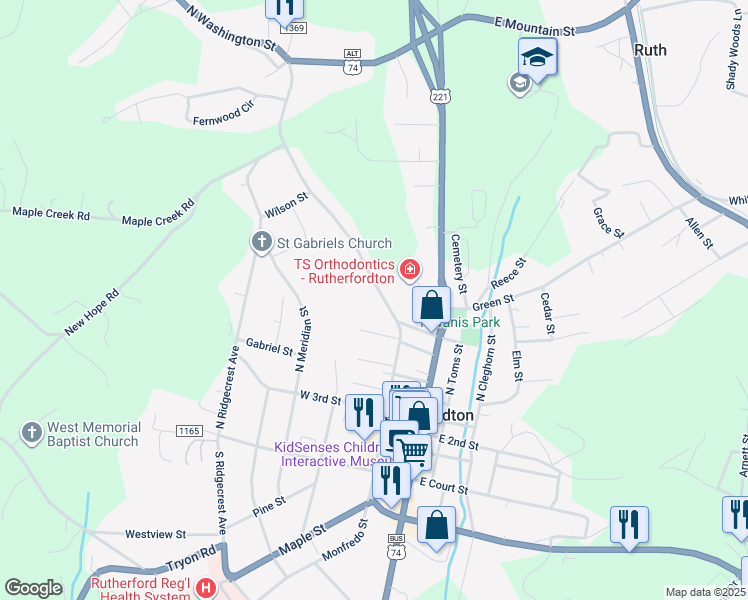 map of restaurants, bars, coffee shops, grocery stores, and more near 333 North Washington Street in Rutherfordton