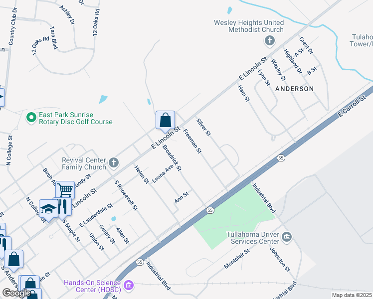 map of restaurants, bars, coffee shops, grocery stores, and more near 106 Freeman Street in Tullahoma