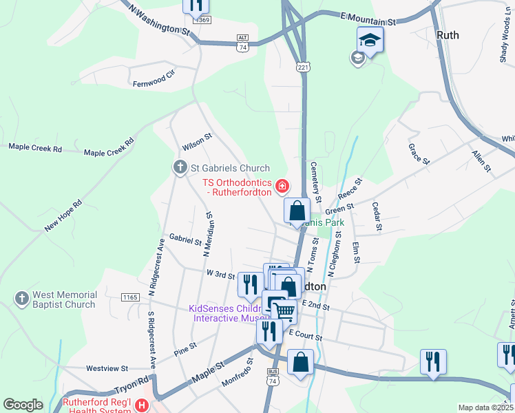 map of restaurants, bars, coffee shops, grocery stores, and more near 333 North Washington Street in Rutherfordton