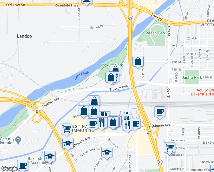 map of restaurants, bars, coffee shops, grocery stores, and more near 4200 Truxtun Avenue in Bakersfield