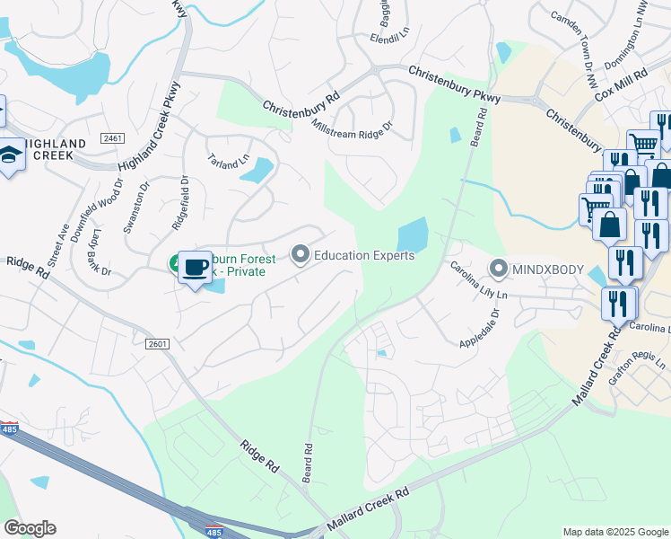 map of restaurants, bars, coffee shops, grocery stores, and more near 2811 Forest Grove Court in Charlotte