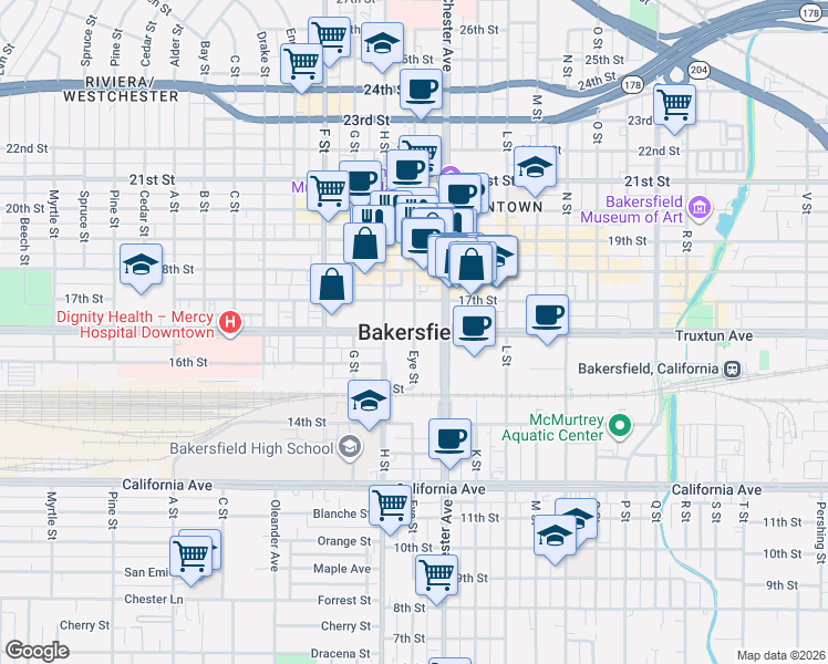 map of restaurants, bars, coffee shops, grocery stores, and more near 1115 East 19th Street in Bakersfield