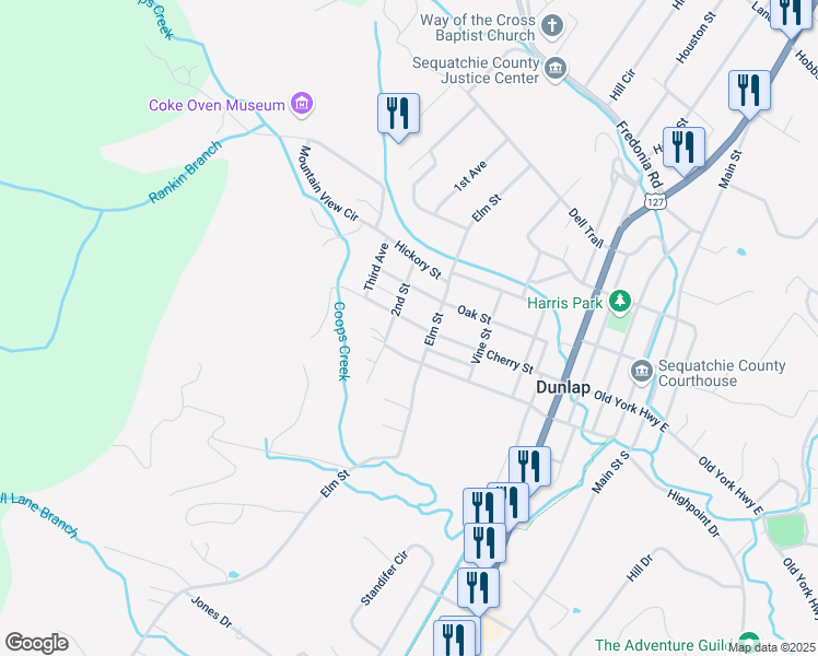 map of restaurants, bars, coffee shops, grocery stores, and more near 545 Cherry Street in Dunlap